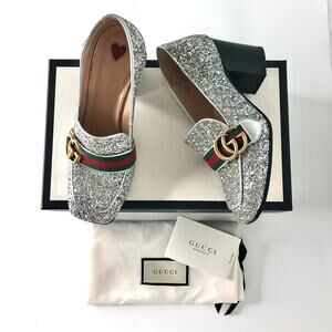 Gucci Web Stripe GG Peyton Silver Glitter Square Toe Platform Heeled Loafers 36